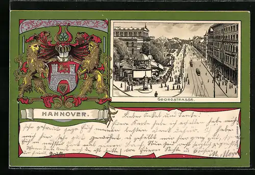 Passepartout-Lithographie Hannover, Strassenbahnen in der Georgstrasse, Wappen