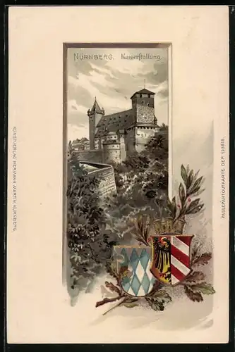 Passepartout-Lithographie Nürnberg, Blick zur Kaiserstallung, Wappen