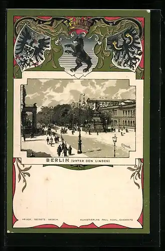 Lithographie Berlin, Unter den Linden, Wappen