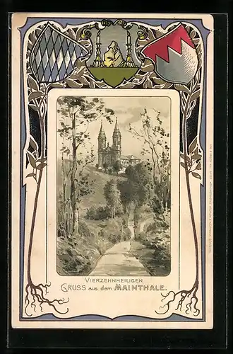 Passepartout-Lithographie Vierzehnheiligen, Blick auf Basilika