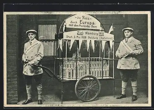 AK Erich und Emil - durch Europa zu Fuss mit dem Mailänder Dom, Ziel Hamburg 1931