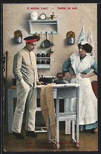 AK Soldat und Dienstmädchen mit einem Bügeleisen