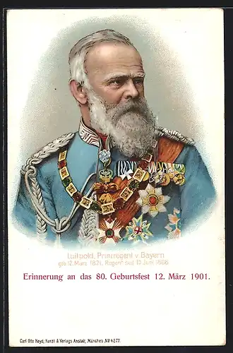 Lithographie Prinzregent Luitpold, Portrait in Uniform, Anlasskarte 80. Geburtstag 1901