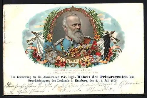 Lithographie Bamberg, Portrait Prinzregent Luitpold, Anlasskarte Grundsteinlegung des Denkmals 1898