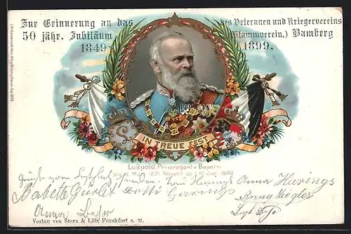 Lithographie Bamberg, Portrait Prinzregent Luitpold, Anlasskarte 50jähriges Jubiläum des Kriegervereins 1899