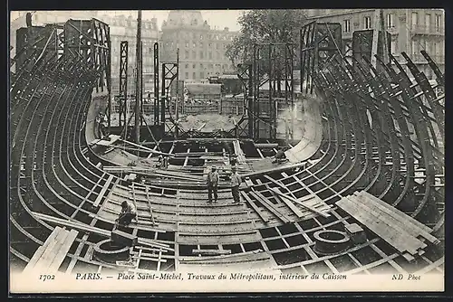 AK Paris, Place Saint-Michel, Travaux du Métropolitain, Intérieur du Caisson, U-Bahn