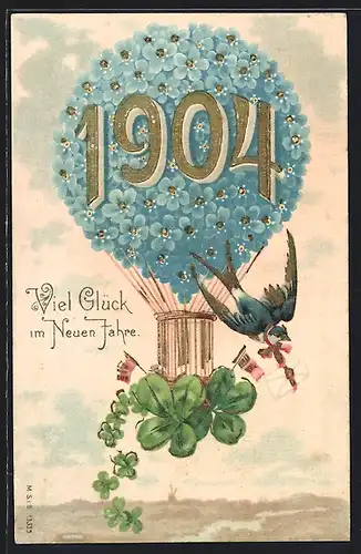Präge-AK Ballon aus Blumen mit Schwalbe, Jahreszahl 1904, Neujahrsgruss