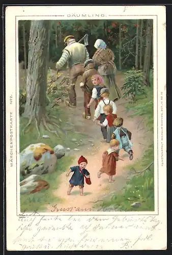 Lithographie Eltern mit Kinderschar und Däumling im Wald