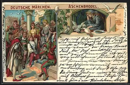 Lithographie Aschenputtel, Szene mit Prinz und Stiefmutter, Erbsen-Sortierszene