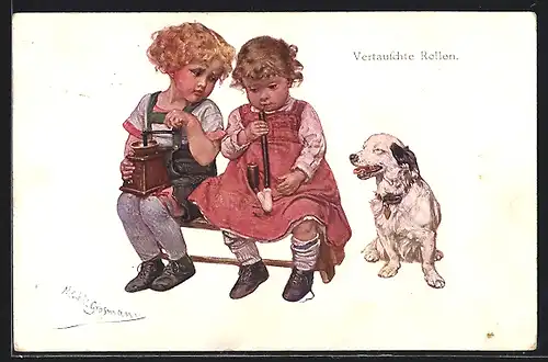 Künstler-AK Vertauschte Rollen, Knabe mit Kaffeemühle, Mädchen mit Pfeife und Hund