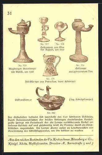 AK Dresden, Reklame für Lampen der Firma Kretzschmar, Bösenberg & Co., Serrestrasse 5 und 7, Oellampen
