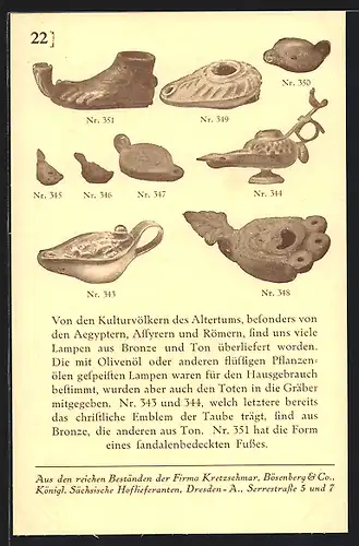 AK Dresden, Reklame für die Firma Kretzschmar, Bösenberg & Co., Serrestrasse 5 und 7, Antike Bronze- und Tonlampen