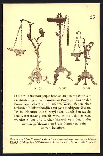AK Dresden, Reklame für Lampen der Firma Kretzschmar, Bösenberg & Co., Serrestrasse 5 und 7, Öllampen aus Bronze