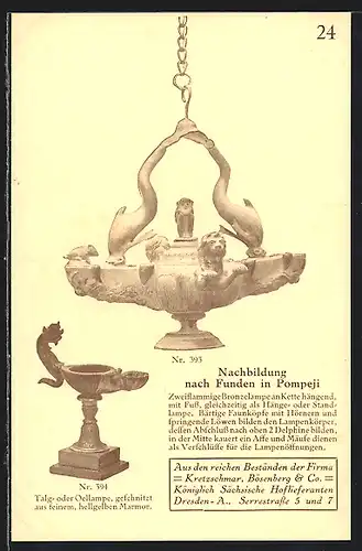 AK Dresden, Reklame für die Firma Kretzschmar, Bösenberg & Co., Serrestrasse 5 und 7, Lampen aus Pompeji