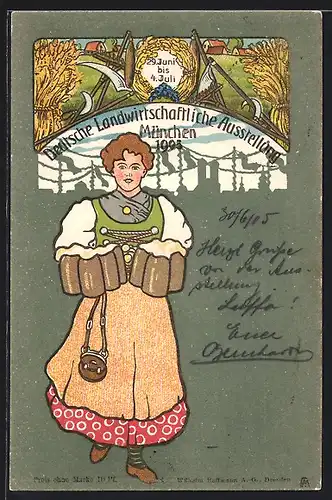 Künstler-AK München, Deutsche Landwirtschaftliche Ausstellung 1905, Frau mit Bierkrügen