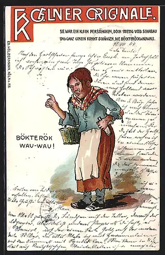 Künstler-AK Köln, Böckteröckwauwau mit Korb und Fläschchen