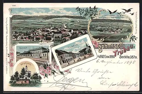 Lithographie Böhmisch Trübau, Bahnhof, K. k. Baumwollspinnerei v. H. Pollack`s Söhne, Stadtplatz, Bergkapelle
