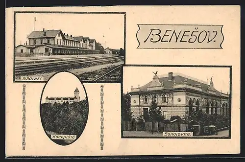 AK Beneschau / Benesov, Bahnhof / Nadrazi, Sokolovna