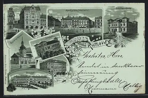 Lithographie Rumburg / Rumburk, Restaurant Schützenhaus, Bahnhof, Turnhalle