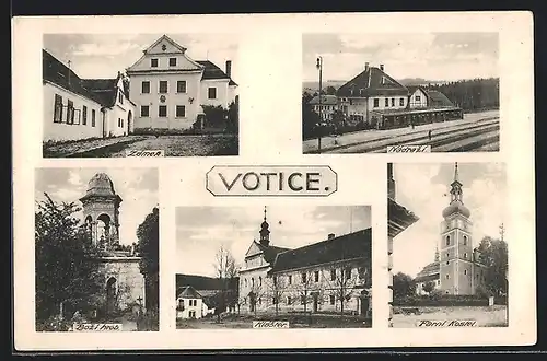 AK Votice, Nadrazi, Zamke, Farni Kostel, Klaster, Bozo hrob, Bahnhof