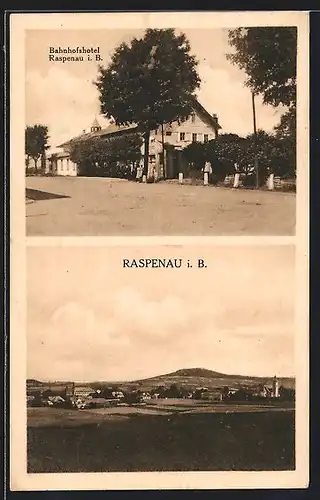 AK Raspenau, Bahnhofshotel und Panorama