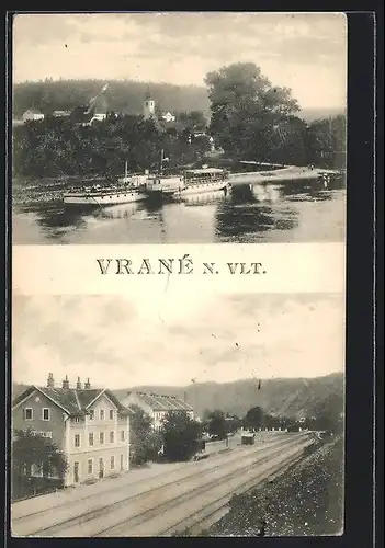 AK Vrané n. Vlt., Bahnhof von der Gleisseite, Dampfer passiert den Ort