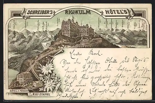 Vorläufer-Lithographie Rigi-Kulm, 1895, Schreiber`s Hotel, Hotel Rigi Staffel