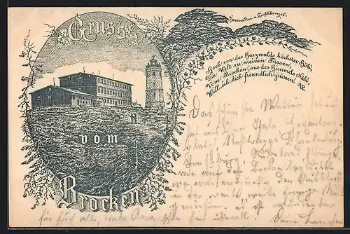 Vorläufer-Lithographie Ganzsache PP9F229: Brocken, 1895, Aussichtsturm und Hotel auf dem Gipfel