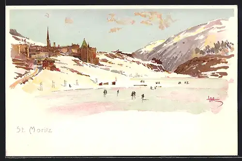 Künstler-AK Leopoldo Metlicovitz: St. Moritz, Schlittschuhläufer auf dem zugefrorenen See, Ortsansicht