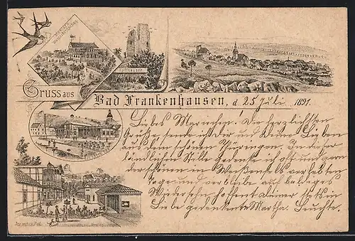 Vorläufer-Lithographie Bad Frankenhausen, 1891, Restaurant Mehlers Waldschlösschen, Oberes und unteres Bad