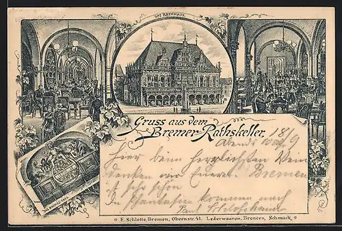 Vorläufer-Lithographie Bremen, 1890, Gasthaus Bremer Rathskeller im Rathaus, Bachus-Fass