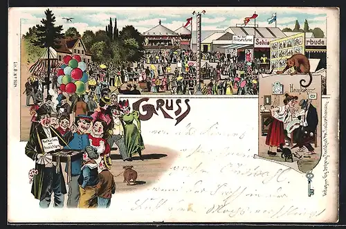 Lithographie AK-Verkäufer und Leierkasten-Mann auf einem Volksfest, Heimkehr