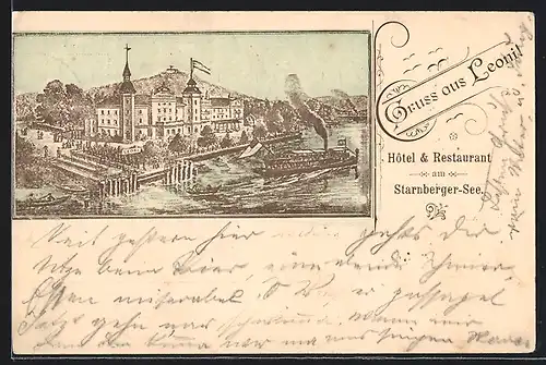 Vorläufer-AK Leoni, 1894, Hotel & Restaurant Leoni am Starnberger See, ablegender Dampfer