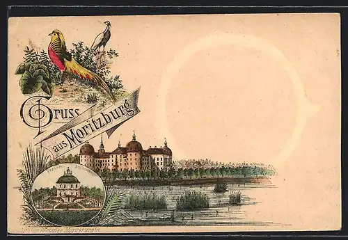 Vorläufer-Lithographie Moritzburg, 1892, Schloss vom See betrachtet, Fasanen-Schlösschen