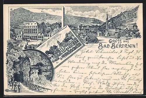 Vorläufer-Lithographie Bad Bertrich, 1895, Hotel, Eingang zur Höhle, Ortsansicht