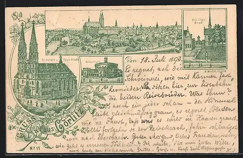 Vorläufer-Lithographie Görlitz, 1893, Gesamtansicht, Heilige-Grab, Kaisertrutz, St. Peters und Pauls-Kirche