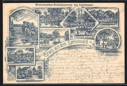 Vorläufer-Lithographie Lübbenau, 1894, Restaurant Wotschofska-Etablissement, Schneidemühle, Polenzschenke, Kannomühle