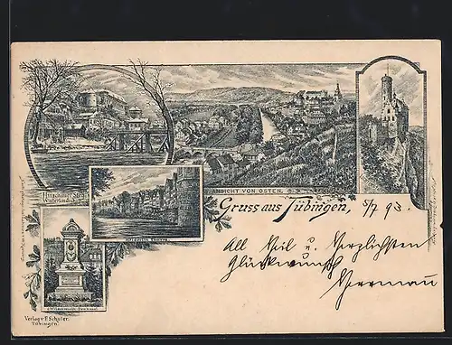 Vorläufer-Lithographie Tübingen, 1893, Hölderlin Thurm, Hirschauer Steg, Wildermuth-Denkmal