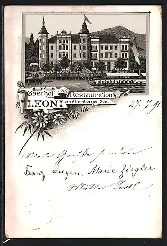 Vorläufer-Lithographie Leoni, 1891, Gasthof und Restauration Leoni am Starnberger See, Dampfer beim Anleger