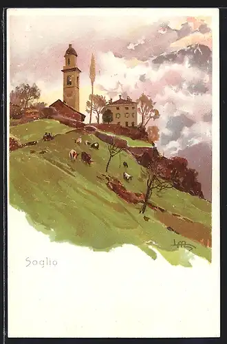 Künstler-AK Leopoldo Metlicovitz: Soglio, Panorama mit Kirche