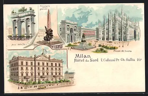 Lithographie Milan, Hotel du Nord, Piazza dei Duomo