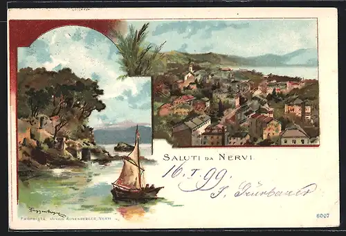 Lithographie Nervi, Blick über den Ort, Segelboot in Ufernähe