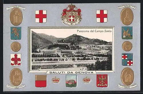Präge-AK Genova, Panorama del Campo Santo, Wappen