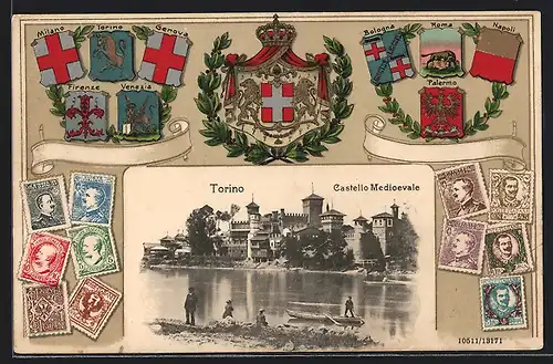 Passepartout-AK Torino, Castello Medioevale, Wappen von Roma, Palermo und Napoli, Briefmarken