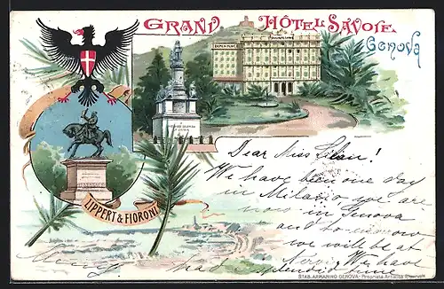 Lithographie Genova, Ansicht vom Grand Hotel Savoie
