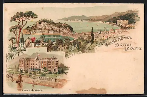 Lithographie Sestri-Levante, Grand Hotel Propre Jensch, Totalansicht