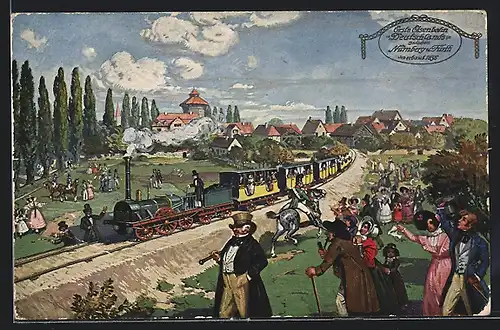 AK Erste Eisenbahn Deutschlands zwischen Nürnberg -Fürth, Staunende Menschenmenge