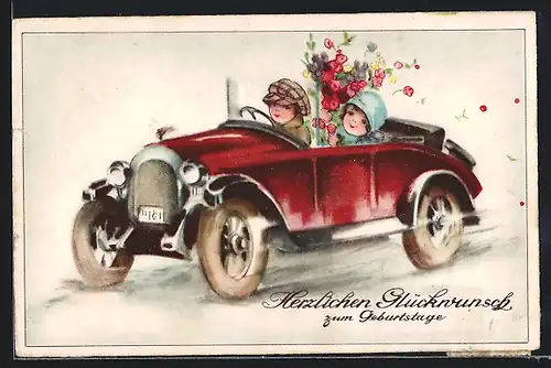 Künstler-AK Hannes Petersen: Kleines Paar mit Blumen im Automobil, Geburtstagsgruss