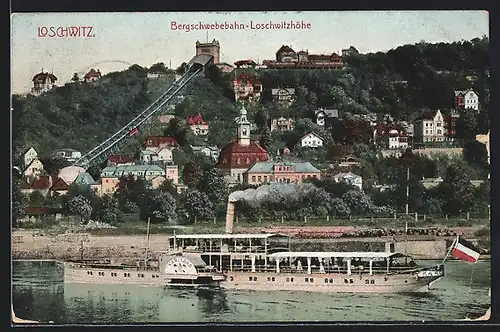 AK Dresden-Loschwitz, Ansicht der Bergschwebebahn und Löschwitzhöhe, MS Karlsbad