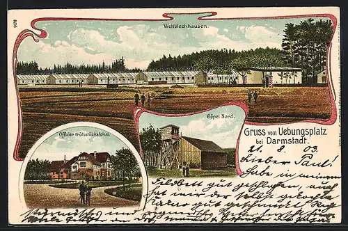 Lithographie Darmstadt, Übungsplatz, Wellblechhausen, Offizier Frühstückslokal